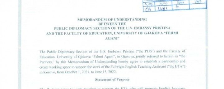 Universiteti “Fehmi Agani” në Gjakovë nënshkruan marrëveshje mirëkuptimi me Ambasadën Amerikane në Prishtinë
